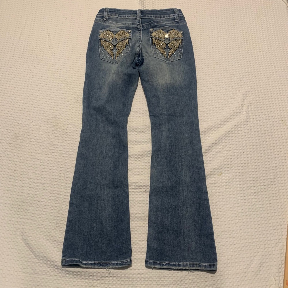 Telepatia Women Medium Wash Angel Wing Rhinestone Bootcut Jeans Size 7 28x28